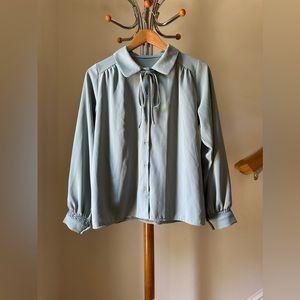 Dusty Blue Female Lantern Sleeve Button Down Blouse Shirt